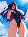  1girl 1girl alluring bare_legs big_breasts blue_hair fire_emblem fire_emblem_awakening high_res jadenkaiba long_hair lucina lucina_(fire_emblem) nintendo one-piece_bikini pin_up 