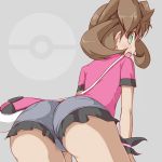 ass bag bent_over blush brown_hair denim denim_shorts from_behind green_eyes grey_background hips huge_ass kuro_(be_ok) legs long_hair looking_back minitesu nintendo open_mouth poke_ball poke_ball_print pokemon pokemon_(game) pokemon_xy quad_tails sana_(pokemon) shauna short_shorts shorts simple_background solo teeth tongue twintails