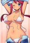 1girl armpits arms_up belly big_breasts bikini blue_eyes blush breasts chro_(rulurullu) collarbone covered_nipples dark_skin erect_nipples front-tie_top fuuro_(pokemon) groin gym_leader hair highres hips large_breasts long_hair looking_at_viewer midriff mound_of_venus navel nintendo one_eye_closed pants pokemon pokemon_(game) pokemon_bw red_hair rulurullu shiny shiny_skin side-tie_bikini skyla solo string_bikini sweat sweatdrop swimsuit tan tan_line tanline unbuttoned undressing untied untied_bikini unzipped wardrobe_malfunction white_bikini white_swimsuit wide_hips wink