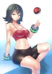  00s 1girl 1girl alluring big_breasts bike_shorts bracelet camisole cleavage collarbone creatures_(company) crop_top game_freak gradient_background grin gym_leader jewelry kazo_(kazozakazo) looking_at_viewer midriff navel nintendo poke_ball poke_ball_(basic) pokemon pokemon_hgss sabrina sabrina_(pokemon) sitting smile 