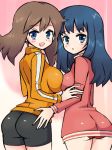 2_girls 2girls alluring ass big_breasts blue_eyes blue_hair blush breast_press breasts brown_hair chro_(rulurullu) dawn fully_clothed haruka_(pokemon) hikari_(pokemon) large_breasts long_hair looking_at_viewer looking_back may multiple_girls open_mouth pokemon rulurullu smile yuri