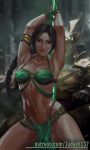 1girl alluring armpits arms_up bare_arms bare_shoulders big_breasts bikini black_hair bracelet breasts cleavage clenched_hands closed_mouth collarbone dark_skin earrings fantasy female_abs fighting_stance fingerless_gloves gloves green_eyes jade_(mortal_kombat) jewelry judash137 long_hair looking_at_viewer magic midway_games mortal_kombat ponytail skirt smile staff standing swimsuit thighs toned very_long_hair weapon