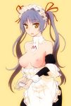  1girl apron bad_id blue_hair breasts dress_pull food hair_ribbon hairband karube_ponzu long_hair maid maria_holic matsurika_shinouji nipples ribbon shinouji_matsurika solo sushi twintails yellow_eyes 