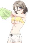  1girl 1girl 1girl armpits black-framed_eyewear blue_eyes blush bow bow_bra bra bra_lift breasts breasts_out_of_clothes brown_hair cowboy_shot eyebrows_visible_through_hair green_shirt light_brown_hair lips love_live!_(series) love_live!_school_idol_project love_live!_sunshine!! medium_breasts megane navel nipples one_eye_closed rozen5 shirt shirt_lift short_hair short_shorts shorts third-party_edit transparent_background underbust underwear undressing vertical-striped_bra wardrobe_malfunction watanabe_you white_bow white_shorts yellow_bra 