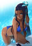 1girl 1girl alluring alternate_costume ass bare_shoulders bikini black_hair blue_bikini blue_eyes blue_hair breasts chinese_commentary commentary_request creatures_(company) dark-skinned_female dark_skin earrings game_freak gloves gym_leader hair_bun hoop_earrings jewelry long_hair looking_at_viewer medium_breasts multicolored_hair nessa_(pokemon) nintendo parted_lips partially_fingerless_gloves patreon_username pokemon pokemon_(game) pokemon_swsh pool sidelocks streaked_hair swimming_pool swimsuit tofuubear two-tone_hair water water_drop wet wristband