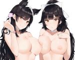 1girl 2_girls alternative_costume animal_ears asymmetrical_docking atago_(azur_lane) atago_(midsummer_march)_(azur_lane) azur_lane bangs big_breasts black_hair blunt_bangs blush bow breast-to-breast breast_press breasts brown_eyes choker clavicle closed_mouth extra_ears eyebrows_visible_through_hair hair_bow hair_ornament hair_ribbon hand_on_chest hand_on_own_chest hand_up head_tilt high_resolution j@ck leaning_forward long_hair looking_at_viewer mole mole_under_eye multiple_girls nipples nude paid_reward parted_lips patreon_reward ponytail ribbon sidelocks simple_background skindentation smile swept_bangs takao_(azur_lane) takao_(beach_rhapsody)_(azur_lane) tied_hair upper_body very_high_resolution very_long_hair white_background white_bow white_choker white_ribbon wristband