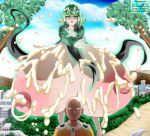 1boy 1girl bald clothed cum cum_on_breasts ecchi-enzo_(artist) green_hair hyper_breasts one-punch_man rtenzo_(artist) saitama sweatdrop tatsumaki