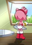 1girl amy_rose anthro female_only furry hedgehog panties pantyshot pink_body red_boots red_dress sega skirt sonic_the_hedgehog_(series) underwear upskirt white_panties