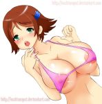  areola_slip breasts brown_hair ecchi_senpai ecchisenpai green_eyes hot huge_breasts kisala micro_bikini nipple_slip rogue_galaxy seductive 