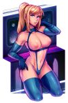 1girl 1girl adapted_costume areola bikini blonde breasts female_only high_resolution iahfy looking_at_viewer metroid nipples samus_aran stockings swimsuit very_high_resolution zero_suit zero_suit_samus