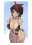 1girl alluring big_breasts bikini blush breasts brown_eyes brown_hair cleavage hair_ribbon johwa johwa_(1n33dyour1ov3) josie_rizal leaning_forward looking_at_viewer namco ribbon short_hair swimsuit tekken tekken_7 under_boob