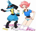 1girl bad_id dressing female gum_(gmng) gumidemo_kandero gym_leader holding jam_(pixiv219454) lucario mouth_hold nintendo panties pokemon pokemon_(game) pokemon_dppt polka_dot polka_dot_panties sumomo_(pokemon) underwear