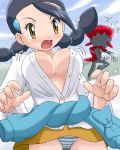 1girl black_hair braid breasts brown_eyes bursting_breasts buttons cameltoe candice clothes_around_waist erect_nipples female gym_leader lowres multi-tied_hair nintendo no_bra open_clothes open_shirt panties pokemoa pokemon pokemon_(game) pokemon_dppt popped_button popped_buttons shirt soara striped striped_panties suzuna_(pokemon) sweater sweater_around_waist twin_braids underwear wardrobe_malfunction weavile