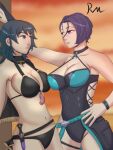 1girl 2_girls alluring asymmetrical_docking athletic athletic_female bare_arms bare_thighs beach big_breasts bikini black_bikini black_one-piece_bikini black_swimsuit blue_eyes breast_press byleth_(fire_emblem) byleth_(fire_emblem)_(female) cleavage female_only fire_emblem fire_emblem:_three_houses fire_emblem_heroes goth goth_girl gothic hair_between_eyes hiryuu324 intelligent_systems knife looking_at_another medium_hair multiple_females multiple_girls nintendo ocean one-piece_bikini outside shamir_nevrand shamir_nevrand_(summer) short_hair sideboob sunset swimsuit teal_hair thighs tomboy yuri