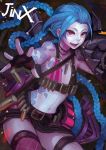 1girl aqua_hair bandolier beltskirt bikini_top braid bullet character_name choker danann female fingerless_gloves flat_chest gloves gun hairline highres jewelry jinx_(league_of_legends) league_of_legends long_hair midriff navel necklace outstretched_hand over_shoulder pale_skin purple_eyes single_thighhigh smile solo tattoo thighhighs twin_braids very_long_hair weapon weapon_over_shoulder