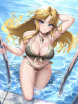 1girl alluring alternate_breast_size alternate_costume arm_behind_back big_breasts bikini blonde_hair blue_eyes breasts burnt_green_tea clarisse_(fire_emblem) english_commentary female_only fire_emblem fire_emblem:_new_mystery_of_the_emblem handrail high_res intelligent_systems jewelry long_hair looking_at_viewer navel necklace nintendo parted_bangs parted_lips pool swimming_pool swimsuit wet