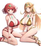 2_girls alluring bangs big_breasts bikini blonde_hair breasts core_crystal gold_bikini gold_eyes gonzarez heroine heroines high_res hips light-skinned_female light_skin long_hair looking_at_viewer mythra_(xenoblade) nintendo outside pyra_(xenoblade) red_eyes red_hair short_hair smile swept_bangs swimsuit thick_thighs thighs wide_hips xenoblade_(series) xenoblade_chronicles_2