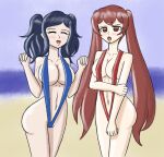1girl 2_girls alluring annoyed arm_grab ass bare_arms bare_midriff bare_shoulders bare_thighs beach big_ass big_breasts blue_bikini blue_hair blue_one-piece_bikini blue_sling_bikini cleavage closed_eyes collarbone cynthia_(fire_emblem) embarrassed female_only fire_emblem fire_emblem_awakening hen_nerd intelligent_systems long_hair medium_breasts medium_hair midriff multiple_females multiple_girls nintendo ocean one-piece_bikini one-piece_swimsuit open_mouth outside red_bikini red_eyes red_hair red_sling_bikini red_swimsuit revealing_clothes severa_(fire_emblem) shoulders sideboob sling_bikini slingshot_swimsuit smile story_at_source swimsuit thighs twin_tails very_long_hair