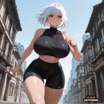 1girl 1girl 1girl ai ai-created ai_generated big_breasts big_breasts bigboobs black_bra black_pants crop_top curvaceous ecchi footwear leggings legwear looking_at_viewer midriff original outdoor public red_eyes running short_hair shorts slender_waist sports_bra sportswear stockings thick_thighs tight_clothing tight_pants white_hair wide_hips yoga_pants