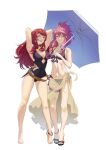 2girls :d alluring alternate_costume arms_behind_head arms_up bare_shoulders barefoot belt bikini black_bikini blue_umbrella breasts brown_belt commentary dagger fire_emblem fire_emblem:_the_sacred_stones fire_emblem_engage flip-flops full_body high_res holding holding_umbrella intelligent_systems knife long_hair looking_at_viewer marisa_(fire_emblem) medium_breasts multiple_girls nintendo one-piece_bikini open_mouth pink_eyes pink_hair pomelomelon ponytail purple_one-piece_bikini red_hair sandals sarong see-through_clothes smile standing swimsuit thigh_strap thighs umbrella very_long_hair weapon yunaka_(fire_emblem)