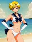 1girl accurate_art_style adult_swim alluring beach bishoujo_senshi_sailor_moon bishoujo_senshi_sailor_moon_s bishoujo_senshi_sailor_moon_s_the_movie bishoujo_senshi_sailor_moon_supers bishoujo_senshi_sailor_moon_supers_the_movie blonde_hair cleavage haruka_ten'ou haruka_tenoh medium_breasts navy_eyes ocean pin_up sailor_bikini seriola toei_animation toonami viz_media