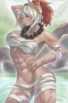 alluring athletic_female calmgreentori female_abs fire_emblem fit_female fundoshi_bikini intelligent_systems onsen rinka_(fire_emblem) rinkah_(fire_emblem) white_hair