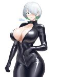 1girl big_breasts blue_eyes brid_(nikke) bubble_butt cleavage goddess_of_victory:_nikke green_hair horny igiroitsu inviting_to_sex looking_at_viewer pose standing teasing thick_thighs white_hair