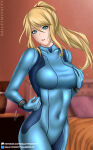1girl aqua_eyes arm_at_side baileymcpatty bed big_breasts blonde_female blonde_hair blue_bodysuit blurry blurry_background bodysuit breasts covered_navel female_only female_solo floating_hair grabbing grabbing_own_breast hair_between_eyes hand_up indoors lips long_hair looking_at_viewer metroid metroid_other_m metroid_zero_mission neck nintendo parted_lips pillow ponytail samus_aran skin_tight standing tied_hair zero_suit zero_suit_samus