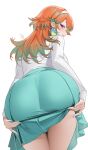 1girl absurd_res aqua_skirt ass ass_focus ass_support bent_over colored_inner_hair commentary english_commentary feathers from_behind gradient_hair green_feathers green_hair hair_flaps hairband high_res hololive hololive_english long_hair looking_back multicolored_hair oikomia orange_hair parted_lips purple_eyes shirt shirt_tucked_in simple_background skirt sleeves_past_wrists takanashi_kiara virtual_youtuber white_background white_hairband white_shirt