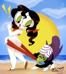 1girl ass beach bikini bikini_pull black_hair blush blushing blushing_ass bow butt_crack coppertone dog embarrassed embarrassed_nude_female enf exposed_ass freckles green_eyes long_hair looking_back looking_down male powerpuff_girls red_butt twin_tails two_piece_swimsuit