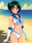 1girl accurate_art_style adult_swim alluring ami_mizuno beach bishoujo_senshi_sailor_moon bishoujo_senshi_sailor_moon_r bishoujo_senshi_sailor_moon_r_the_movie bishoujo_senshi_sailor_moon_s bishoujo_senshi_sailor_moon_s_the_movie bishoujo_senshi_sailor_moon_supers bishoujo_senshi_sailor_moon_supers_the_movie blue_eyes blue_hair cleavage medium_breasts ocean pin_up sailor_bikini seriola toei_animation toonami viz_media