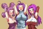  3girls amanooni_touri arm_up armpits arms_behind_head arms_up bad_id between_breasts blush breasts cleavage closed_eyes code_geass color_connection cornelia_li_britannia creatures_(company) crossover elbow_gloves fantina_(pokemon) female frown game_freak ghost_type_trainer gloves gym_leader hair humans_of_pokemon idolmaster large_breasts laughing lipstick long_hair makeup melissa_(pokemon) miura_azusa multiple_crossover multiple_girls nintendo one_eye_closed pale_skin pigtails pokemon pokemon_(anime) pokemon_(game) pokemon_diamond_pearl_&amp;_platinum pokemon_dppt pose posing purple_dress purple_eyes purple_hair quad_tails sagging_breasts sleeveless sleeveless_turtleneck smile sweater turtleneck violet_eyes violet_hair wink yokkora 