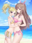 2girls alluring alternate_costume baybell beach bikini bikini_shorts blonde_hair blue_sky blush brown_eyes brown_hair cloud commentary commission fire_emblem fire_emblem_awakening grin high_res holding_hands intelligent_systems lissa_(fire_emblem) long_hair looking_at_viewer multiple_girls nintendo ocean outside pink_bikini sand shorts sky smile sumia_(fire_emblem) swimsuit water yellow_bikini