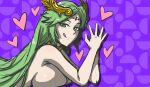 1girl akairiot bangs big_breasts breast_press breasts circlet closed_mouth female_only female_solo gold_jewelry green_eyes green_hair hair_ornament half-closed_eyes hands_together hands_up headpiece heart jewelry kid_icarus kid_icarus_uprising licking licking_lips long_hair looking_at_viewer naughty_face neck neck_ring nintendo nude nude_female palutena parted_bangs purple_background sideboob smile straight_hair upper_body very_long_hair