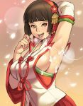  1girl arm_up armpit_sex armpits blush breasts brown_eyes brown_hair chinese_clothes cum cum_on_body cum_on_upper_body cum_string detached_sleeves facial female hairband heavy_breathing japanese_clothes large_breasts lips maou_alba nail_polish okuni petals sengoku_musou short_hair sideboob solo sweat 