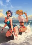 1girl 2_girls alluring artist_signature beach bikini blonde_hair blue_hair catherine_(fire_emblem) curvy deliciousbra deliciousbrain fire_emblem fire_emblem:_three_houses flowers_in_hair intelligent_systems light-skinned_female light_skin one-piece_bikini shamir_nevrand splashing swimsuit tan-skinned_female tan_skin waves