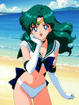 1girl accurate_art_style adult_swim alluring beach bishoujo_senshi_sailor_moon bishoujo_senshi_sailor_moon_s bishoujo_senshi_sailor_moon_s_the_movie bishoujo_senshi_sailor_moon_supers bishoujo_senshi_sailor_moon_supers_the_movie cleavage medium_breasts michiru_kaiou ocean pin_up sailor_bikini seriola teal_eyes teal_hair toei_animation toonami viz_media