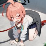 1girl ai_generated all_fours angry angry_expression angry_face blue_archive blush dog_collar doggy_position embarrassed halo leash leash_and_collar light-skinned_female light_skin looking_away muto_night neru_(blue_archive) open_mouth pet_play short_hair tomboy