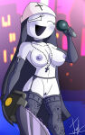 1girl 1girl breasts chainsaw choker clothed clothing cross detailed_background friday_night_funkin genitals gloves handwear hat headgear headwear high_res humanoid jewelry lechugansfw lingerie mammal microphone narrowed_eyes necklace nun partially_clothed power_tool pussy taki_(fevertown)