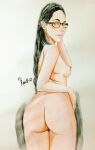 artist_request ass big_ass black_hair elrecko ere erect_nipples glasses lipstick long_hair looking_at_viewer looking_back nude nude_female pink_lipstick pink_nipples simple_background traditional_media