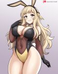1girl 1girl alluring alternate_costume animal_ears bare_thighs big_breasts bow bowtie bunny_day bunny_ears bunny_girl bunnysuit cleavage female_only fire_emblem fire_emblem_fates gloves grey_eyes grin hayato_stuff high_res intelligent_systems long_hair nintendo ophelia_(fire_emblem) playboy_bunny rabbit_ears sidelocks smile swept_bangs thick_thighs