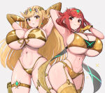 2_girls alluring athletic_female big_breasts blonde_hair female_abs fit_female gold_bikini gonzarez mythra_(xenoblade) nintendo pyra_(xenoblade) red_eyes red_hair under_boob xenoblade_(series) xenoblade_chronicles_2