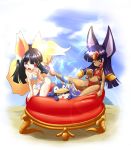  3girls animal_costume animal_ears bikini black_hair blush breasts closed_eyes covered_nipples dark_skin erect_nipples female fox_ears fox_tail hair long_hair multiple_girls open_mouth original penguin_costume queen_anubis red_eyes sarashi sky swimsuit tail tsune-hime ukan_muri wading_pool wink 