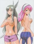 2_girls absurd_res alluring ass back bare_back big_breasts cherche_(fire_emblem) covering_breasts covering_privates fire_emblem fire_emblem_awakening grey_eyes grey_hair high_res intelligent_systems long_hair looking_at_viewer looking_back multiple_girls nintendo pink_eyes pink_hair ravern_clouk ravernclouk_design shorts sumia_(fire_emblem) thighs third-party_source topless_female very_long_hair