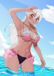 1girl alluring alternate_costume arm_up ass_visible_through_thighs bare_midriff bare_thighs big_breasts bikini blush cleavage corrin_(fire_emblem) corrin_(fire_emblem)_(female) corrin_(summer)_(fire_emblem)_(female) dark-skinned_female dark_skin female_only fire_emblem fire_emblem_cipher fire_emblem_fates fire_emblem_warriors grey_hair hair_between_eyes intelligent_systems long_hair looking_at_viewer midriff nintendo ocean official_alternate_costume open_mouth outside pointy_ears red_eyes shell_bikini sideboob soru439 swimsuit tan tan_line tan_skin thighs under_boob