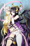 2_girls angel_and_devil angel_girl angewomon arm_at_side bangs bare_shoulders between_legs between_thighs big_breasts black_background black_hair black_thigh_strap blonde_female blonde_hair blue_eyes blush bondage breast_grab breasts cleavage clothing_cutout couple defeated defeated_female defeated_heroine demon_girl demon_horns digimon digimon_(species) digimon_adventure digimon_adventure_02 digimon_xros_wars dress duo eyeshadow facial_mark female/female female_only femdom femsub forehead_mark from_behind_position gold_hair_ornament gold_jewelry grabbing grabbing_another's_breast grabbing_from_behind gradient gradient_background grey_background grin hair_bun hair_ornament half-closed_eyes head_tilt helmet heroine horns jewelry legs lezdom lilithmon lindaroze lips lipstick long_dress long_hair looking_at_another love makeup medium_breasts multiple_girls nail_polish naughty_face navel navel_cutout off-shoulder_dress off_shoulder parted_bangs parted_lips pointy_ears purple_dress purple_eyeshadow purple_lipstick purple_nails revealing_clothes romantic romantic_couple sexual_harassment short_hair sidelocks smile standing strapless superheroine supervillainess thigh_strap thighs tied_hair tied_up very_long_hair villainess white_clothing yellow_horns yuri