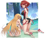 2girls alluring ass big_breasts blonde_hair competition_swimsuit dual_persona earrings female_focus gonzarez high_heel_sandals high_res jewelry long_hair matching_hair/eyes multiple_females multiple_girls mythra_(radiant_beach)_(xenoblade) mythra_(xenoblade) nintendo one-piece_bikini pyra_(pro_swimmer)_(xenoblade) pyra_(xenoblade) red_eyes red_footwear red_hair sandals short_hair swimsuit thick_thighs thighs very_long_hair water xenoblade_(series) xenoblade_chronicles_2 yellow_eyes