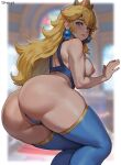 1girl bent_over big_breasts blonde_hair blue_eyes bubble_butt cleavage doggy_position horny inviting_to_sex looking_at_viewer mario_(series) mario_bros pose princess_peach shexyo standing stockings super_mario_bros. teasing thick_thighs