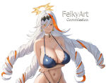 1girl alluring alternate_costume arm_under_breasts baldr_(fire_emblem_heroes) bikini blue_bikini cleavage commission drill_hair feikyart fire_emblem fire_emblem_heroes halo heterochromia huge_breasts intelligent_systems long_hair looking_at_viewer nintendo orange_streaks quad_drills red_eyes sideboob single_hair_streak swimsuit very_long_hair white_hair yellow_eyes