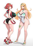 2girls absurd_res alluring alternate_costume ass back_view big_breasts black_swimsuit blonde_hair choker cleavage curvy earrings female_only front_view gonzarez hands_on_hips high_heels high_res long_hair looking_at_viewer milf monolith_soft mythra_(radiant_beach)_(xenoblade) mythra_(xenoblade) nintendo official_alternate_costume one-piece_bikini one-piece_swimsuit pyra_(pro_swimmer)_(xenoblade) pyra_(xenoblade) red_eyes red_hair short_hair slim_waist smile swimsuit thick_thighs thigh_strap thighs voluptuous white_swimsuit wide_hips xenoblade_(series) xenoblade_chronicles_2 yellow_eyes